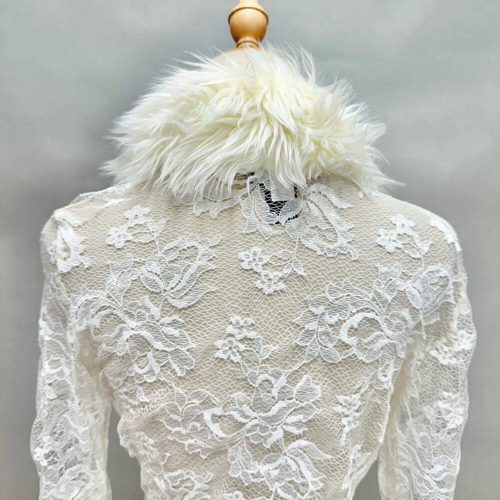 Vintage Y2k Moda International White Lace Duster Faux Fur Trim Sz XS Penny Lane - Picture 7 of 15